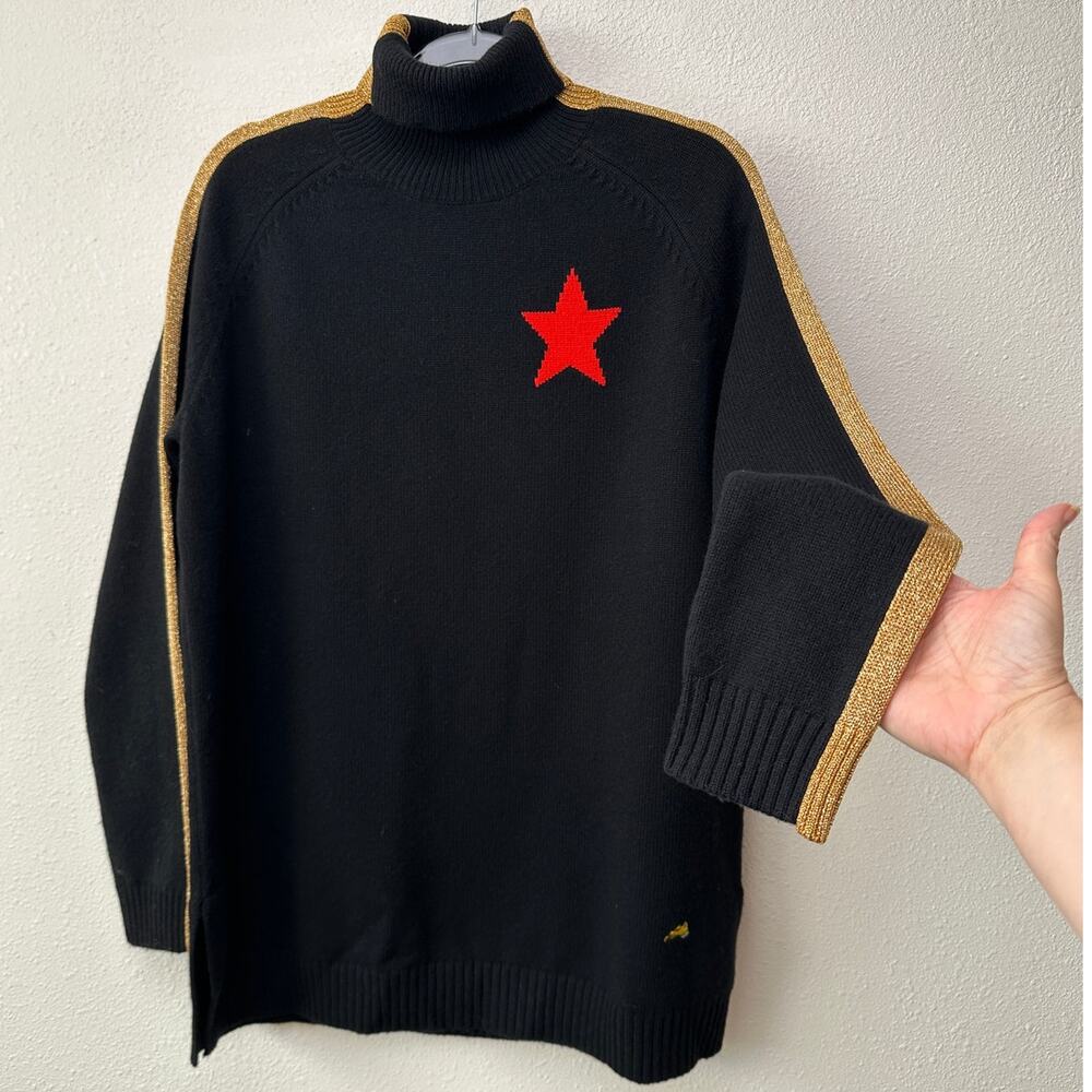 NWT Bella Freud Billie Jean Metallic Gold Stripe Turtleneck Sweater Black M